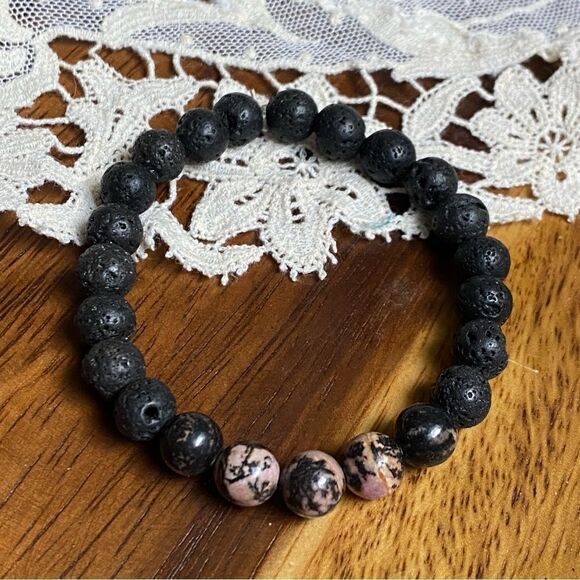 LAVA STONE & RHODONITE handmade crystal bracelet 7” elastic genuine crystal - Picture 1 of 1